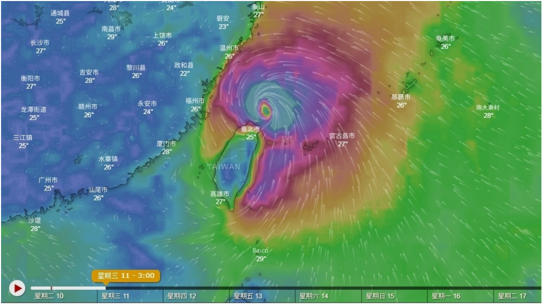 強颱瑪莉亞預估在今晚至明晨影響最劇，圖為11日凌晨3時預報。圖／windy.com