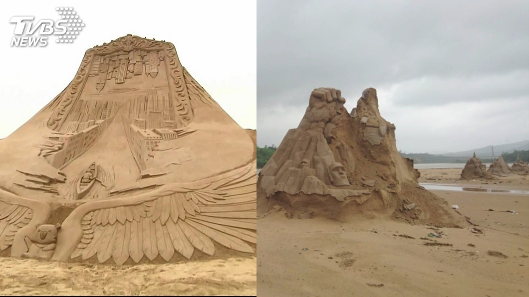 沙雕作品不敵颱風襲擊（右）。圖／TVBS