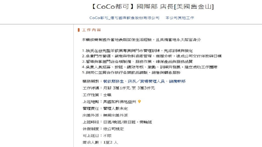 網友們看到舊金山店的店長月薪,不少人直呼:這樣活得下去?(圖/翻攝自人力銀行網站)