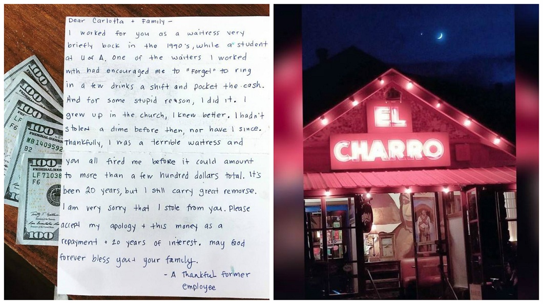 美國一名餐廳老闆收到前員工的道歉信，當中還附上1千美元，讓她又驚又喜。(圖／合成圖，翻攝自臉書)