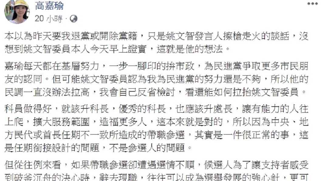 高嘉瑜在臉書上建議姚文智辭去立委職務。(圖/翻攝自高嘉瑜臉書)