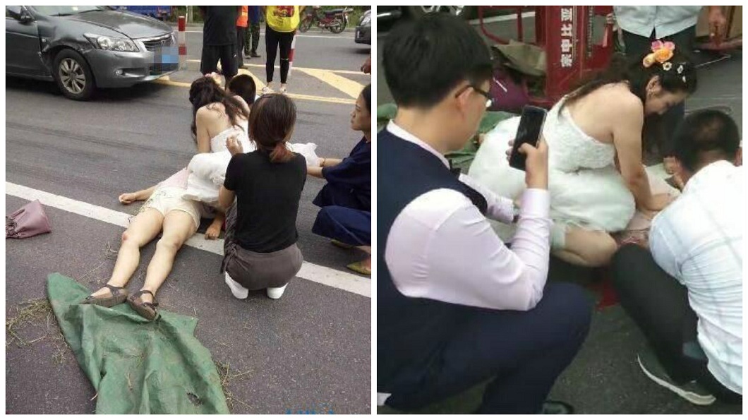遼寧日前發生一起車禍，一名女醫師不顧自己身上還穿著婚紗，立刻替傷者進行急救。(圖／翻攝自陸網)