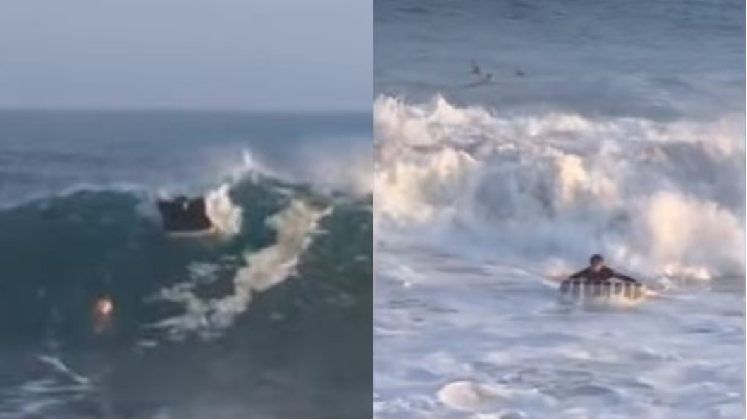 圖／翻攝自YouTube 被打翻又浮出來　加州男「充氣床」衝浪超神
