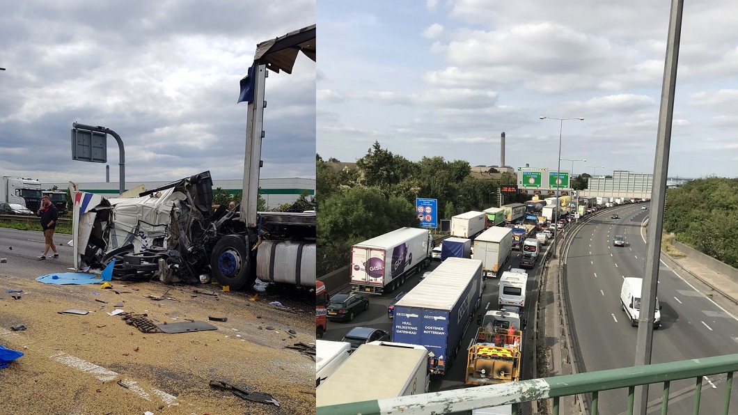 英國M25公路29日發生車禍,當局封鎖道路造成塞車。圖/翻攝自 推特
