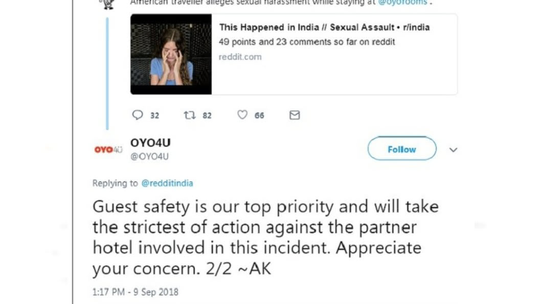 「OYO Hotel」飯店的總公司看完泰勒影片,對此在推特發文。圖/翻攝自英國每日郵報