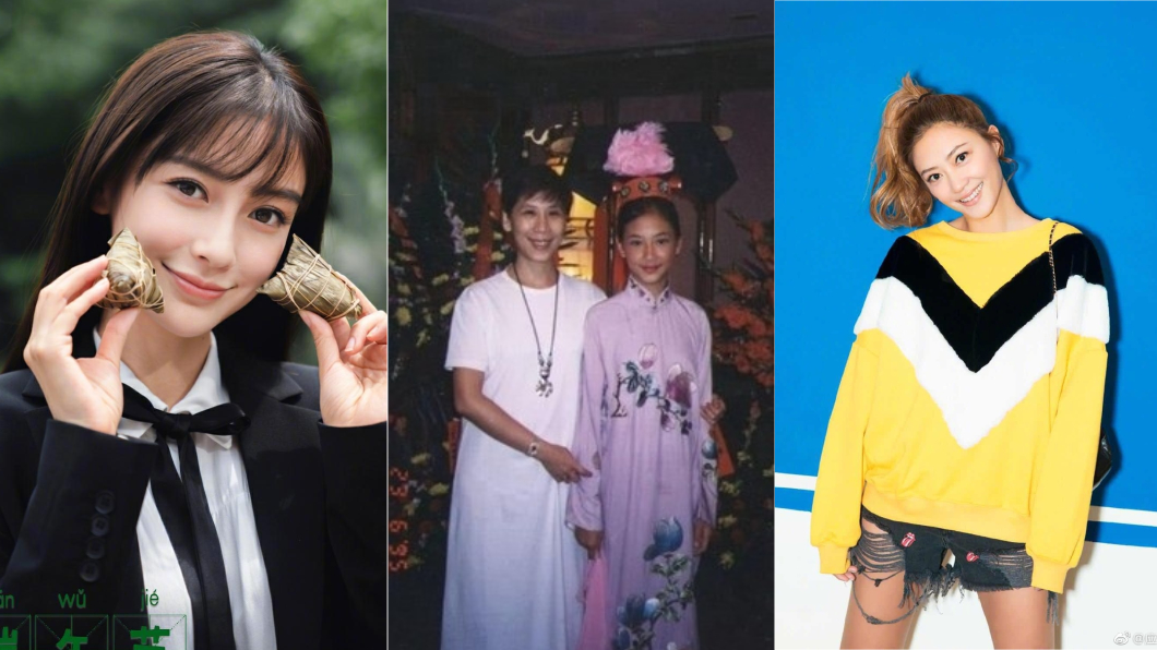 (左)Angelababy(中)兒時的應采兒與媽媽(右)應采兒。圖/翻攝自《微博》