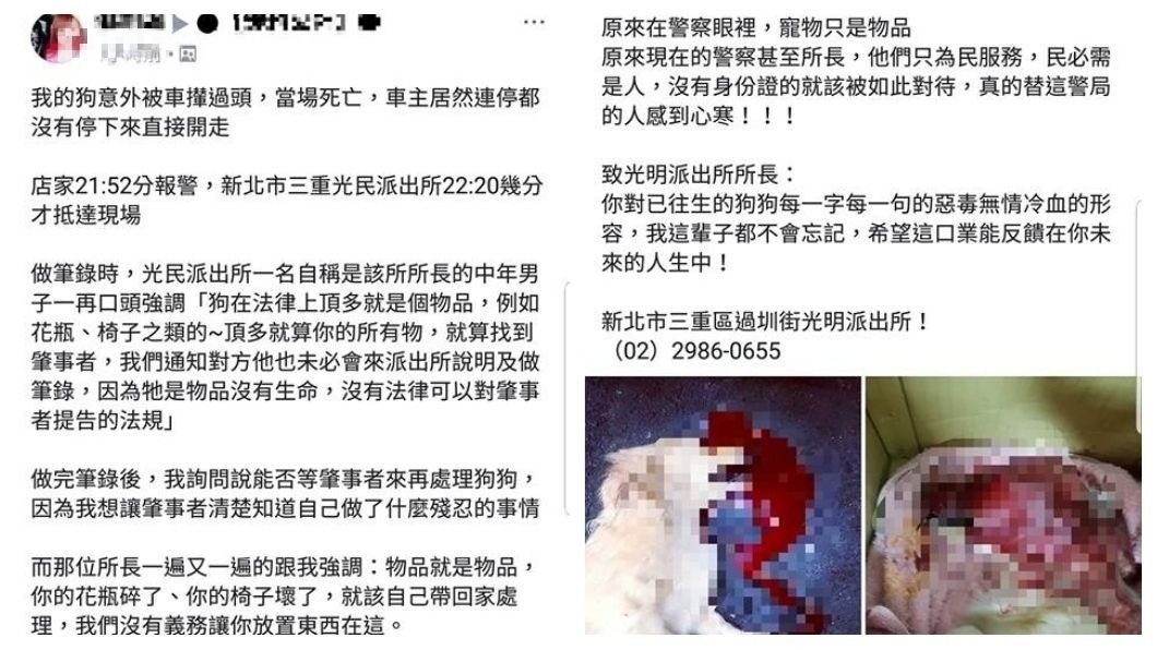 一名林姓女網友在臉書社團爆料公社發文指控，稱說自己的愛犬被撞死了，但員警的處理態度不佳。(圖／翻攝自報怨公社)