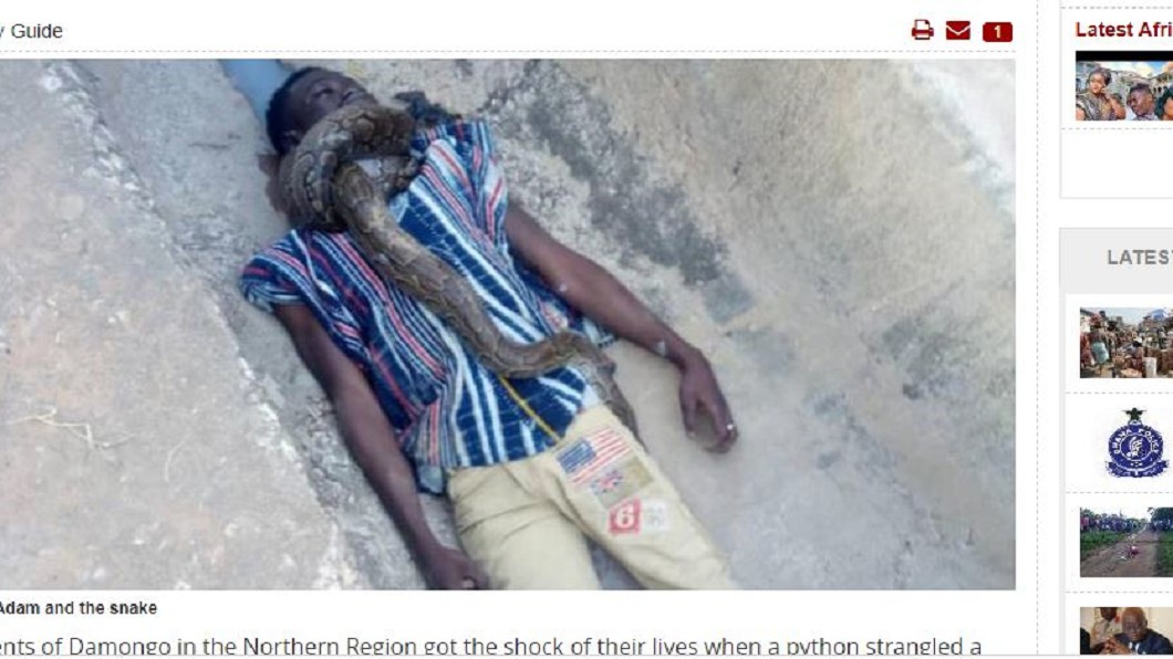 迦納男子遭寵物蟒蛇活活勒死。圖／翻攝自《Modern Ghana》