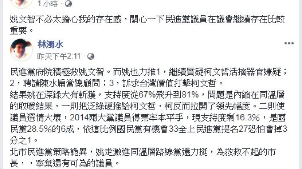 林濁水兩篇針對姚文智的貼文,合成圖/翻攝自林濁水臉書