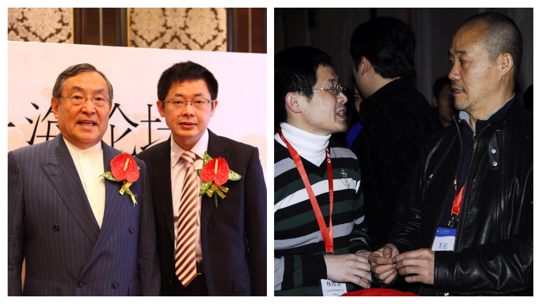 林偉賢(左圖右一)以「超級名師」光環,從上海企業界,一路紅到北廣深等城市,是馬雲、王石(右圖右一)、馮侖等大陸企業名人頗賞識的培訓大師,林偉賢的口說本領、機智反應,讓人稱「口才帝」的馬雲也另眼相待。左圖為林偉賢與日本趨勢大師大前研一。右圖為林與王石合影。 圖/實踐家創業私塾臉書