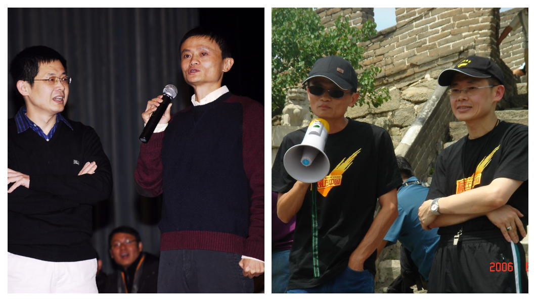 林偉賢帶救國團練就的口說本領、機智反應,讓人稱「口才帝」的馬雲也另眼相待,不僅多年邀林偉賢為阿里巴巴專門培訓鐵軍(左圖),兩人還共同受邀到長城頂上為108位創業好漢訓勉(右圖)。 圖/林偉賢提供