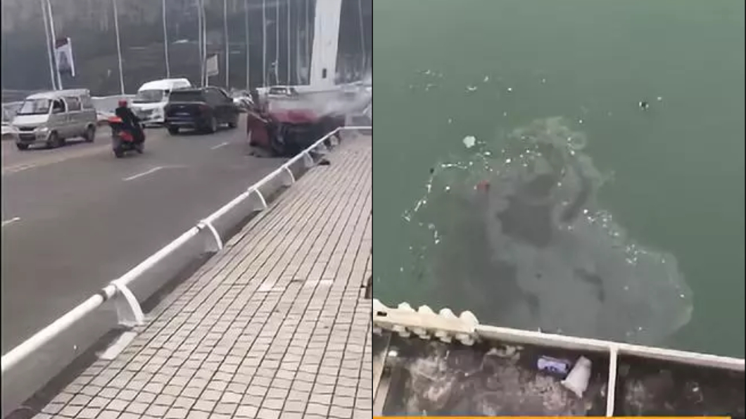 公車撞上紅色轎車墜入長江，導致江面上一片油汙。圖／翻攝自《浙江之聲》微博