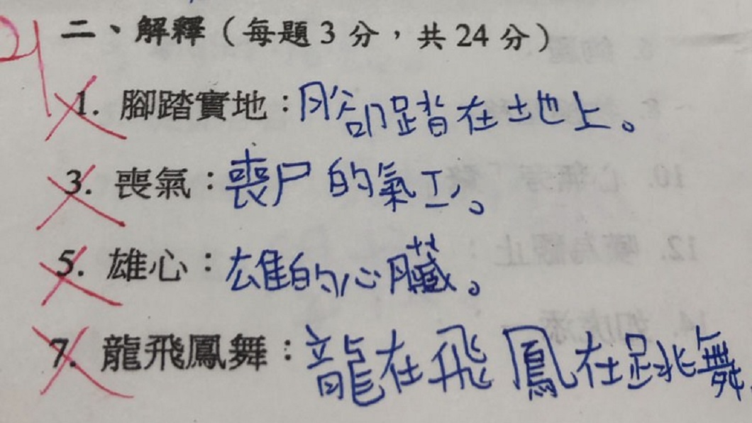 有女網友分享弟弟的國語考卷題目,其中一大題的解釋題,看到弟弟寫的答案讓她傻眼。(圖/翻攝自Dcard)