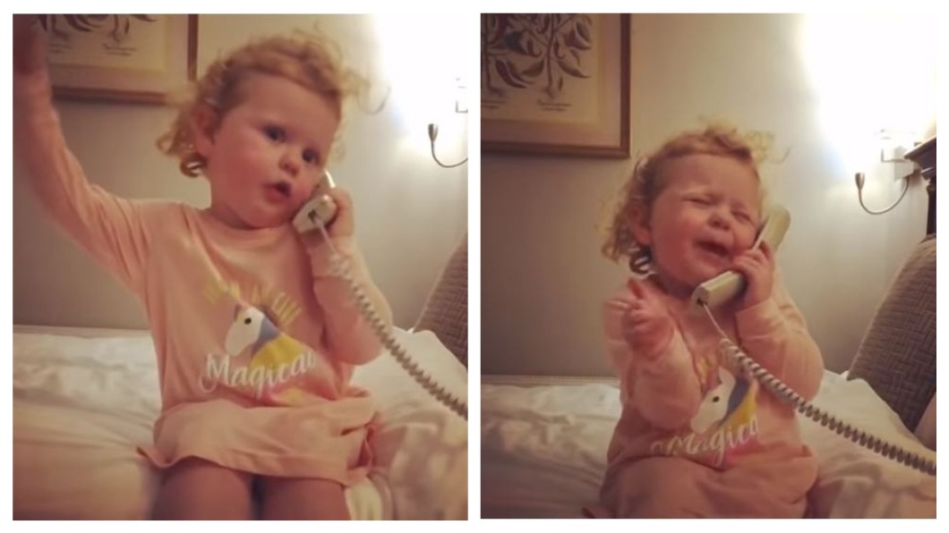 愛爾蘭一名3歲女娃講電話時表情十分逗趣豐富，過程全被父親拍了下來。(圖／翻攝自YouTube)