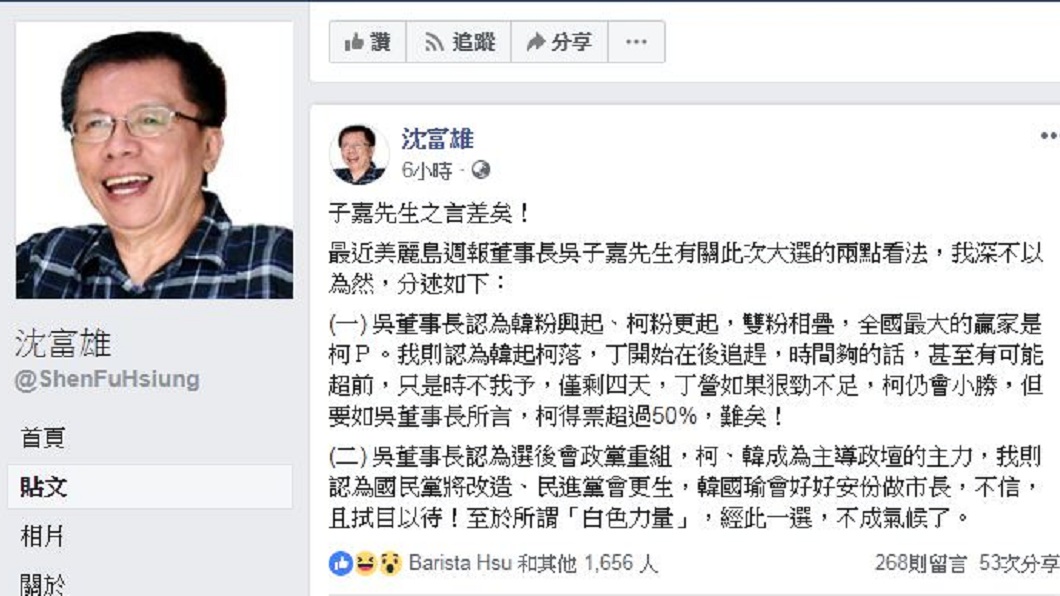 沈富雄在臉書提出2論點反駁吳子嘉,甚至認為這次選舉後白色力量會不成氣候。(圖/翻攝自沈富雄臉書)