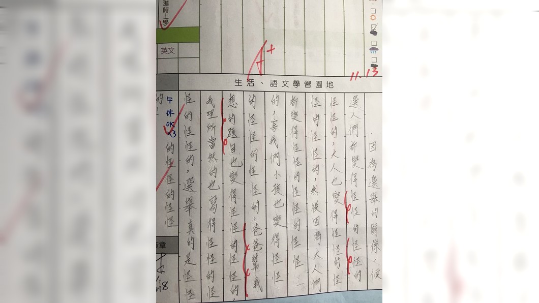 網友分享表妹的日記讓老師無評語給A+。圖／Dcard