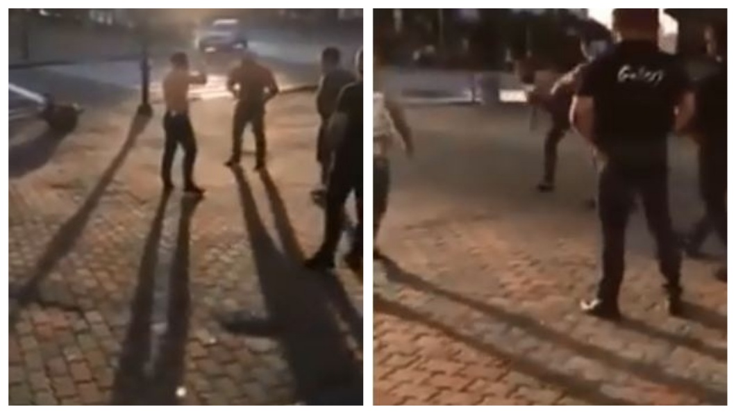俄羅斯日前發生一場街頭決鬥，格鬥家一腳KO全歐舉重冠軍。(合成圖／翻攝自YouTube)