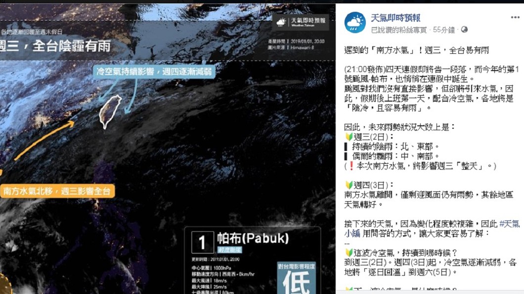週三(2日)全台易有雨,民眾外出時記得攜帶雨具。圖/翻攝自臉書「天氣即時預報」