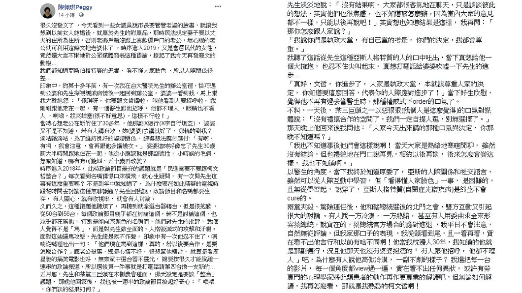 陳佩琪在臉書狠嗆女議員要柯P管老婆一事。圖/翻攝自陳佩琪臉書
