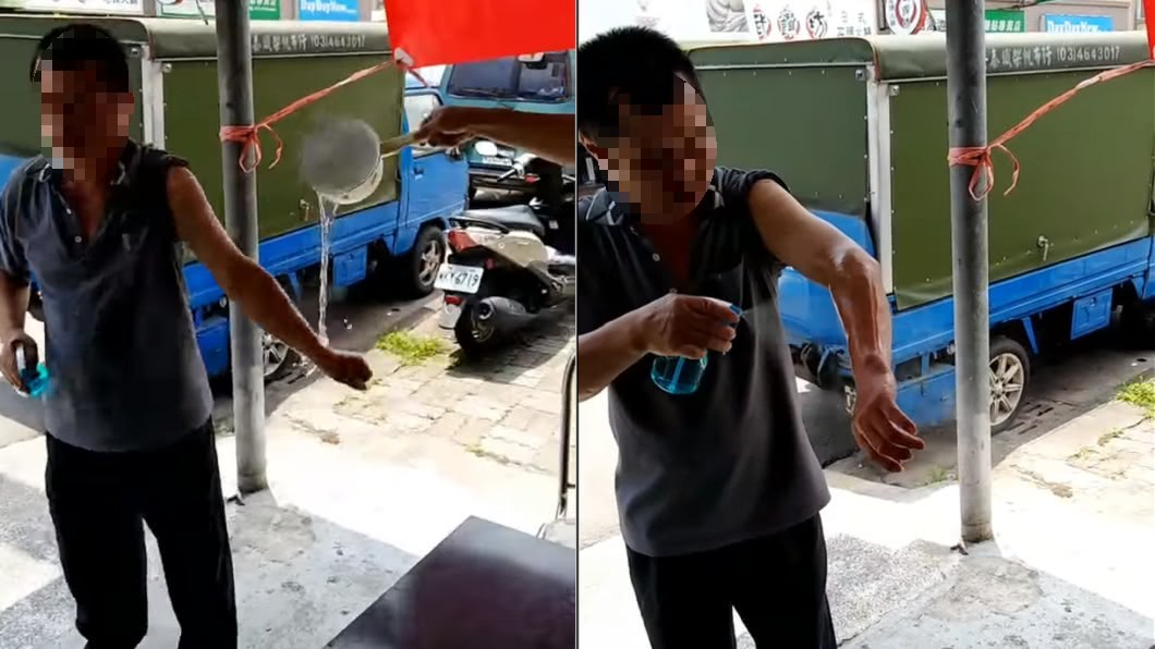 陳先生去年4月拍片示範，用熱水淋手臂後，再噴酒精急救。圖／翻攝自 YouTube