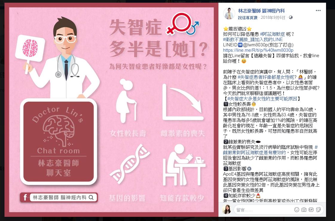 醫師林志豪在臉書上分享,女性罹癌率高於男性,可能和女性較長壽、雌激素的喪失、基因影響、知能存款較少有關。圖/翻攝自林志豪臉書