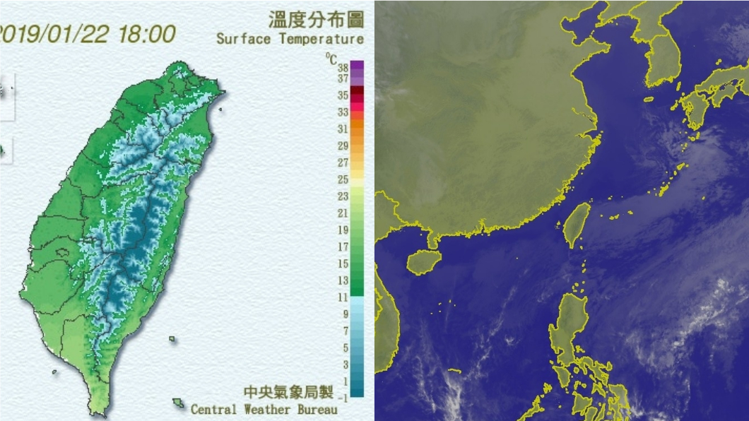 今晚(22日)到明晨(23日)是這波冷氣團最冷的時間點,民眾務必注意保暖。圖/中央氣象局