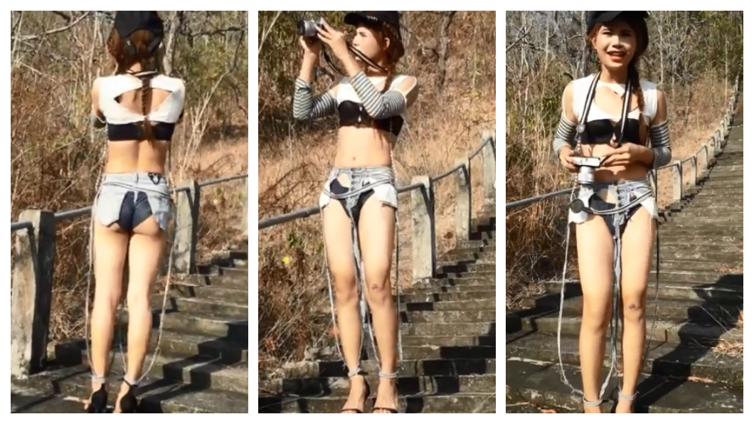 一名泰國女子穿著「極度挖空」牛仔褲在景區拍照。圖／翻攝自泰國清邁象臉書