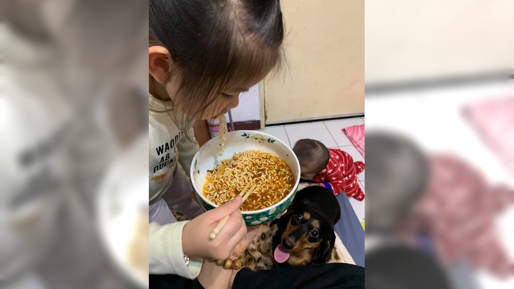 男網友分享一張女兒吃著泡麵,旁邊還一個小小孩在地上,狗狗在一旁眼巴巴看著的照片。(圖/翻攝自爆廢公社)