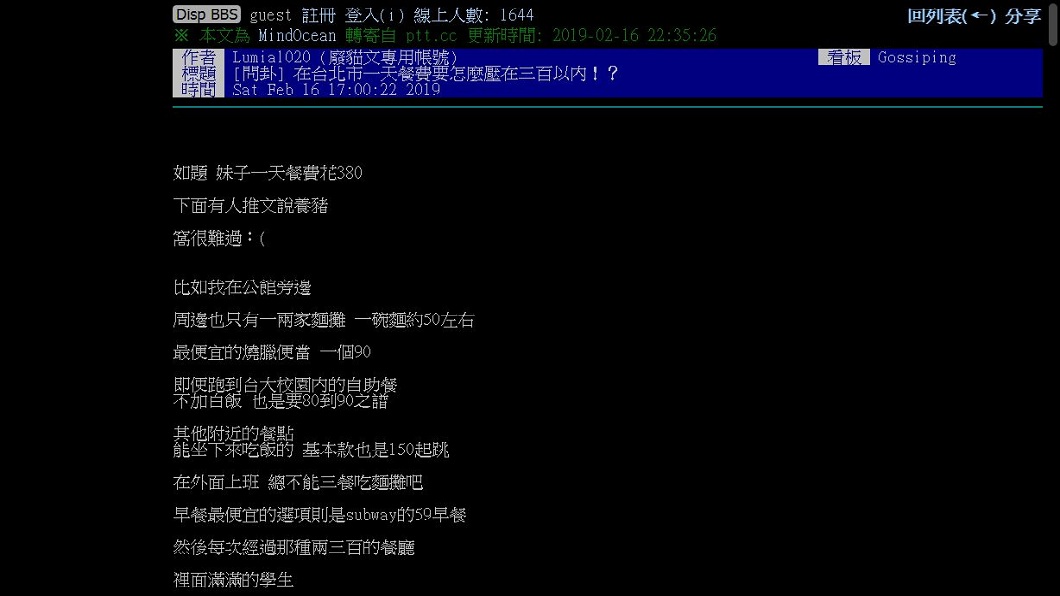 有網友發文詢問,在台北市如何將1天餐費壓在300元以內?(圖/翻攝自PTT)