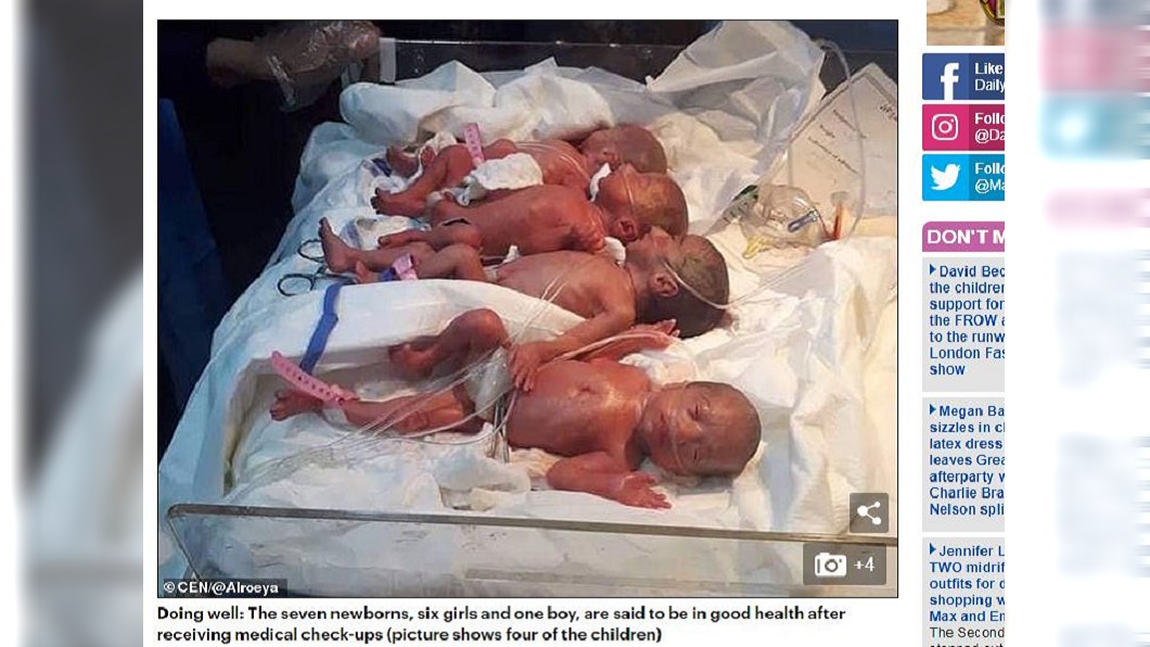 伊拉克一名婦人自然產下7胞胎，創下當地紀錄。(圖／翻攝自每日郵報) 超猛25歲媽自然產下7胞胎　夫傻眼：沒想到來這麼多個
