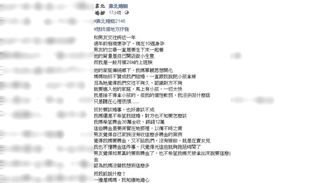 有女網友分享母親堅持收36萬聘金,但男友認為這是在賣女兒。(圖/翻攝自靠北婚姻臉書粉絲團)