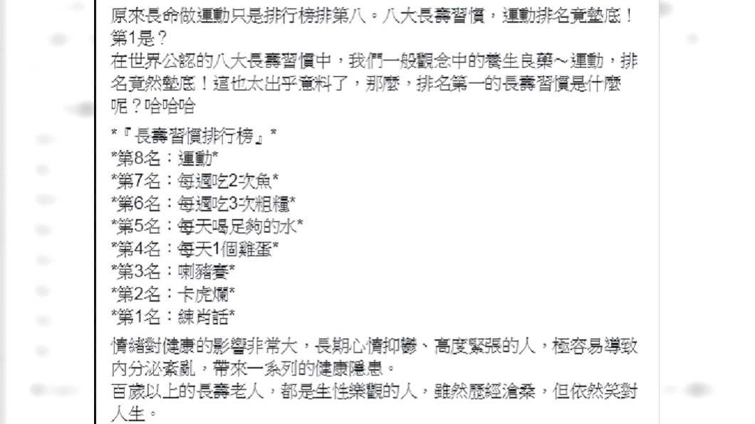 網傳的新版長壽習慣排行榜。圖/翻攝網路