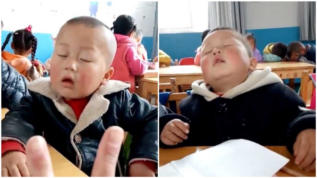 一名幼稚園男童上課打瞌睡的模樣，勾起許多網友小時候的回憶。(合成圖／翻攝自秒拍)