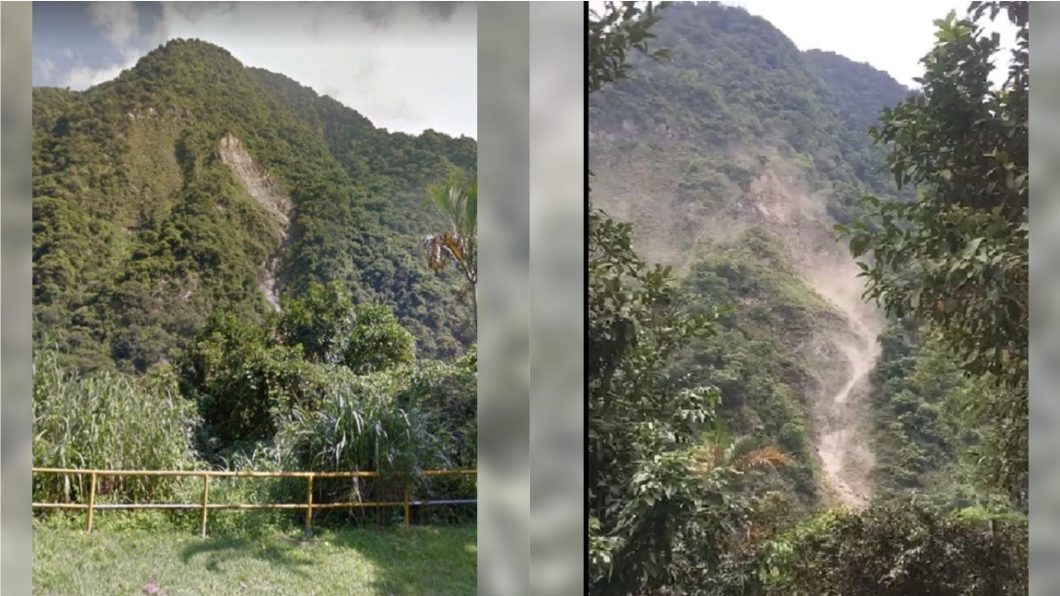 花蓮縣銅門村山崩前(左)；山崩後(右)。合成圖／翻攝自Google Map、TVBS