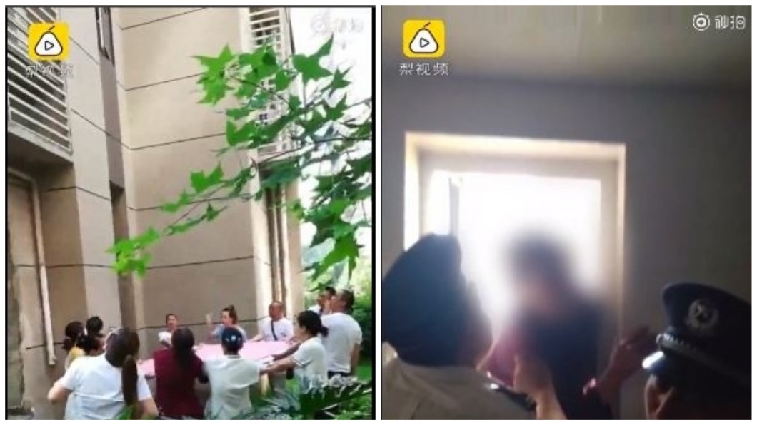其他人見狀拉起床單要接住老奶奶,所幸最後她被順利救下。(合成圖/翻攝自梨視頻)
