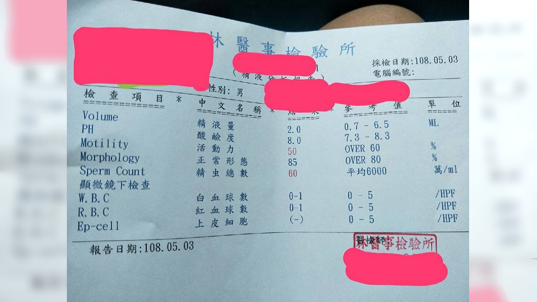 原PO貼出老公精子檢查的檢驗單,雖然精蟲總數少,但活動力超強。圖/翻攝爆怨公社