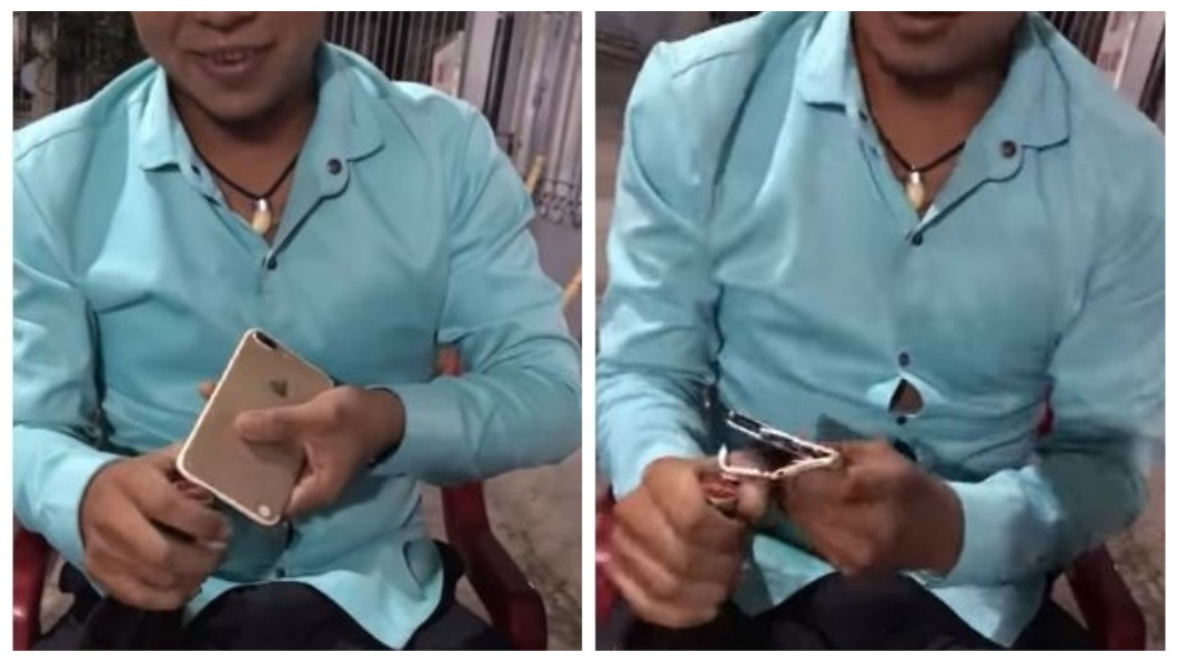 越南一名男子拿著iPhone手機當開瓶器，下一秒讓他笑不出來了。(合成圖／翻攝自YouTube)