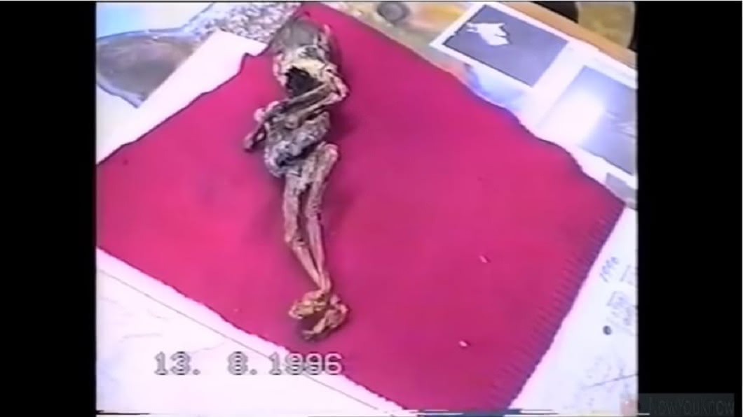 俄羅斯一名婦人在20年多前撿到一具疑似外星人的嬰兒。(圖/翻攝自YouTube)