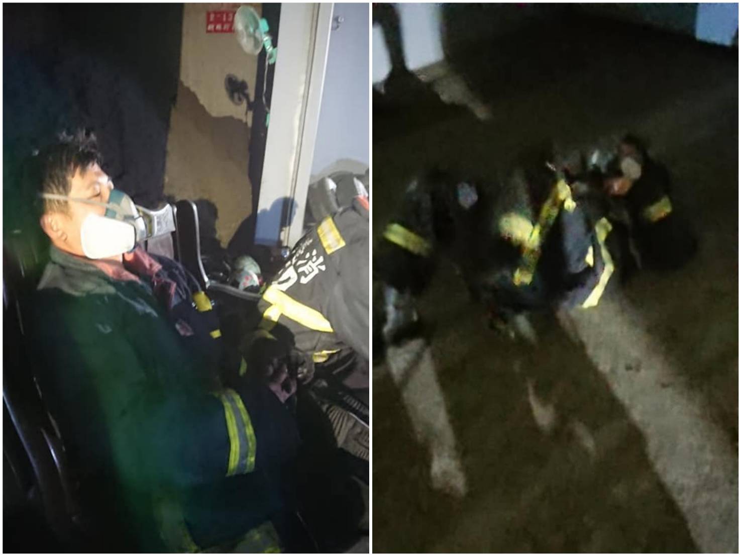 義消就連防毒面具也是自行構買,倒地休息一下還要起來繼續救火。圖/張姓義消提供