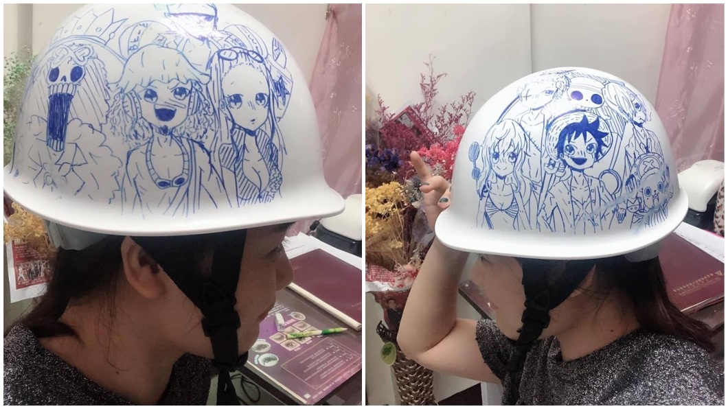 一名人父分享自己小六女兒在他工地安全帽上的塗鴉,網友們看了全都讚嘆不已。(圖/翻攝自爆廢公社)