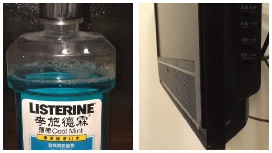 網友將當時放在屋內的漱口水和掛在牆壁的電視晃動情況拍下來。(圖/翻攝自PTT)