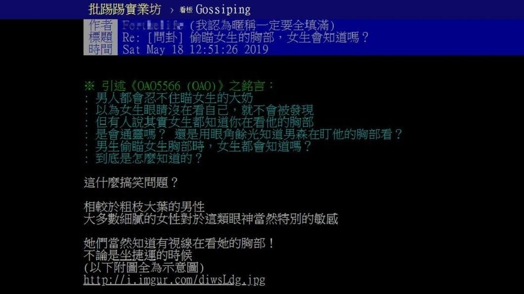 就有女性網友現身回應,對於男性偷瞄胸部的舉動,她們其實都知道。(圖/翻攝自PTT)
