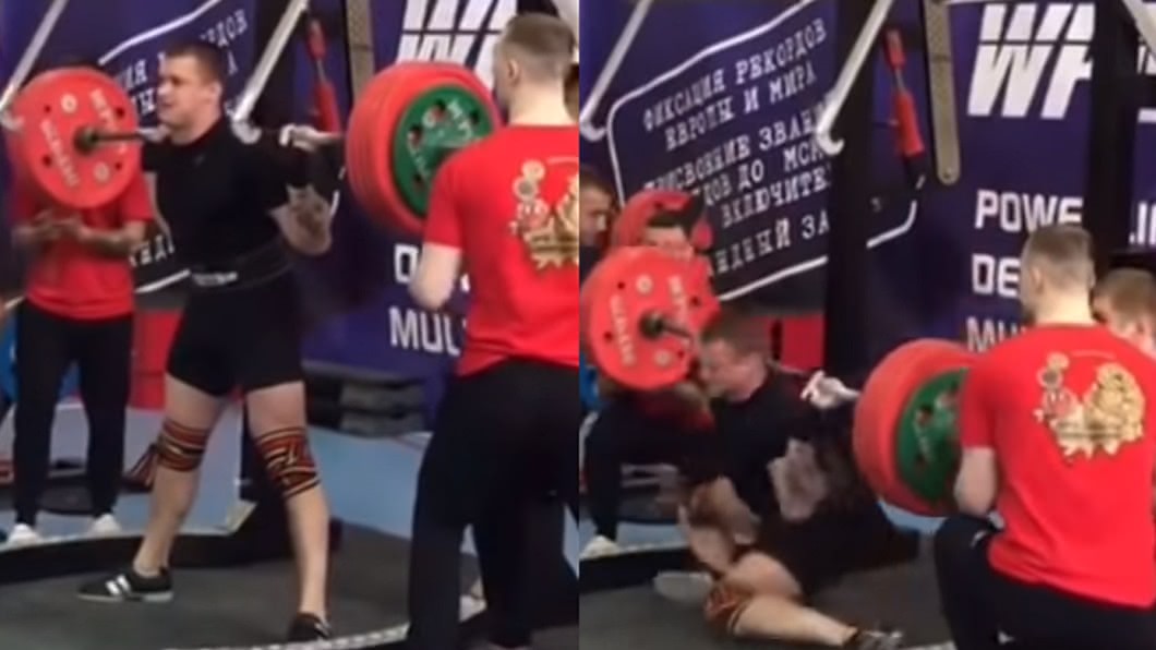 俄羅斯一名舉重選手在舉250公斤槓鈴時，不慎造成腿骨骨折。圖／翻攝自 YouTube