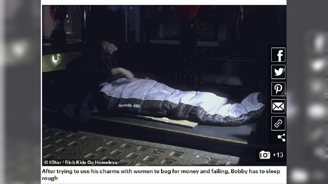 倫敦億萬富豪之子Bobby挑戰街友生活3天,體會任何事都不是理所當然。圖/截自每日郵報