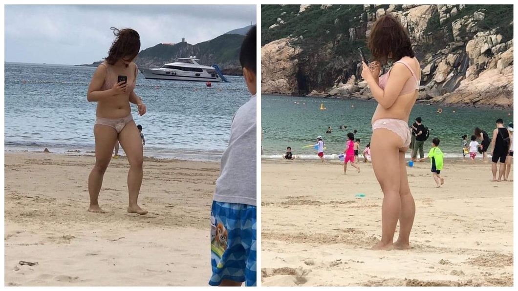 香港海灘日前出現詭異的畫面，一名女子只穿著內衣褲在沙灘上拍照打卡。(圖／翻攝自香港臉書社團「PLAY HARD 玩硬」)