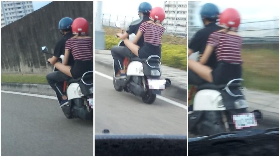 有網友分享一對情侶機車雙載的景象。(圖/翻攝自臉書社團「職業聯結車 大貨車 大客車 拉拉隊 運輸業 照片影片資訊分享團」)