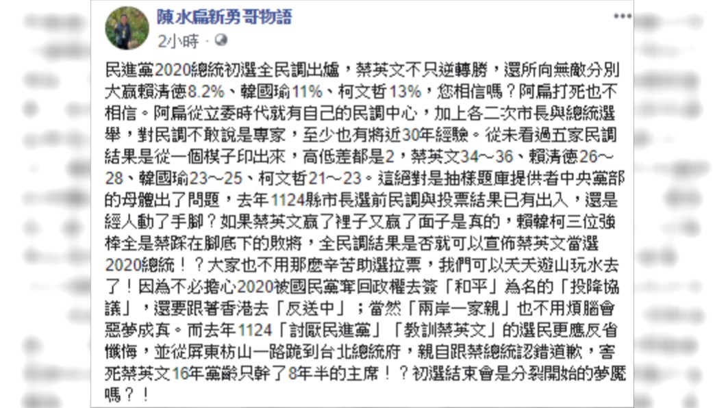 民進黨總統初選民調今(13日)揭曉,前總統陳水扁發表看法。圖/翻攝陳水扁臉書