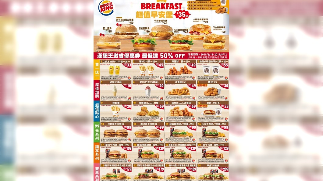優惠分為6大區塊,可以獨享也可以眾樂樂。圖/翻攝BurgerKing 漢堡王火烤美味分享團