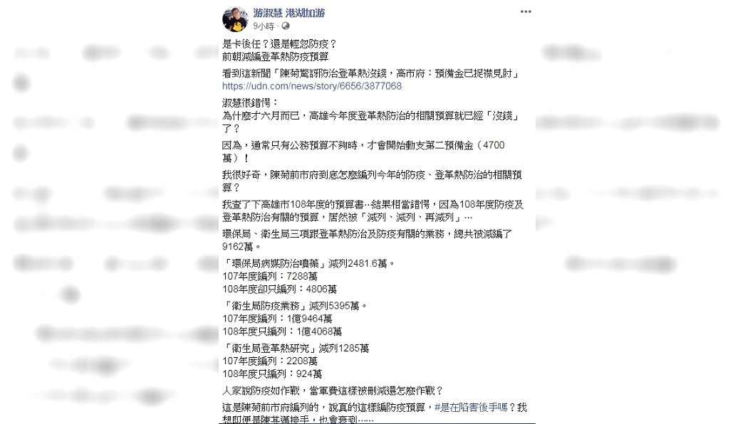 游淑慧質疑陳菊怎麼好意思問高市為何沒錢。圖/翻攝游淑慧 港湖加游臉書