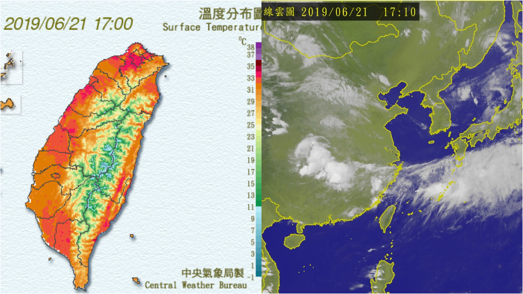 全台高溫飆破30度,氣象局明(22日)針對花蓮縣縱谷、高雄市近山區或河谷發出橙色燈號,有連續出現36度高溫的機率。圖/中央氣象局